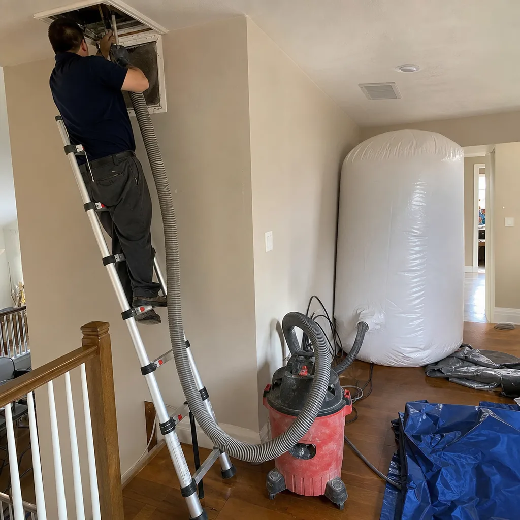 Professional technician performing residential air duct cleaning service with vacuum equipment