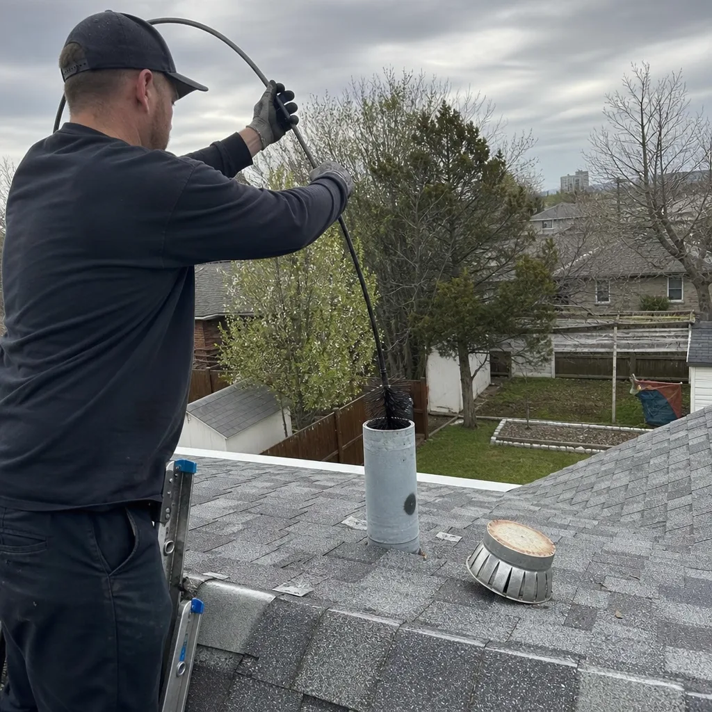 Technician performing professional dryer vent cleaning from a residential rooftop