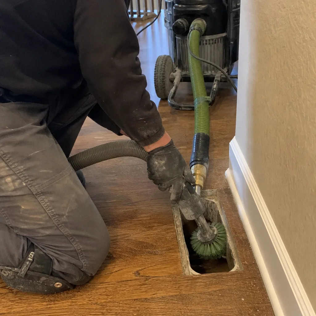 Technician using professional tools for residential air duct cleaning and sealing
