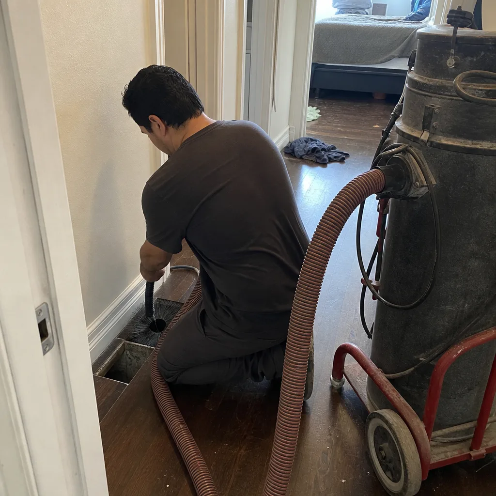 Professional technician performing residential air duct cleaning service with industrial vacuum